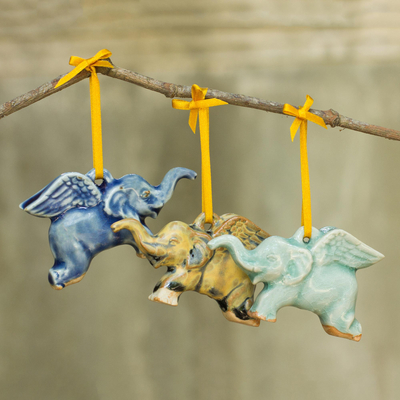 Celadon ceramic ornaments, 'Flying Elephants' (set of 3) - Hand Crafted Ornaments in Celadon Ceramic (Set of 3)