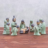 Celadon ceramic nativity scene, 'Nativity of Love' (10 piece) - Celadon Ceramic Nativity Scene from Thailand (10 Piece)