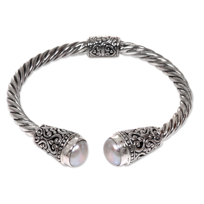 Cultured freshwater pearl cuff bracelet, 'Precious Dewdrops' - Hand Crafted Cultured Freshwater Pearl Cuff Bracelet