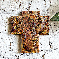 Wood cross wall art, 'Savior on the Cross' - Hand-Carved Religious Cross-Shaped Pochote Wood Wall Art