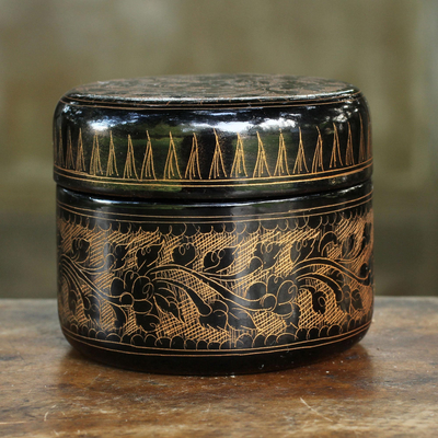 Lacquered wood box, 'Exotic Golden Flora' - Round Decorative Box Handcrafted Lacquered Wood