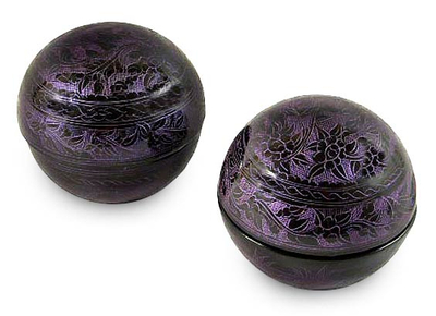 Lacquered boxes, 'Violets' (pair) - Floral Lacquered Mango Wood Boxes (Pair)