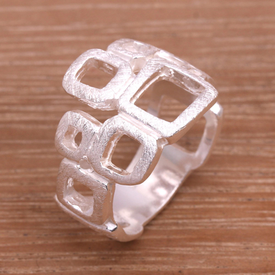 Sterling silver band ring, 'Elegant Blocks' - 925 Sterling Silver Abstract Block Ring in a Brushed Finish