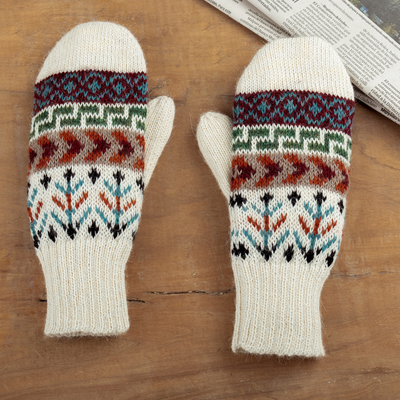 100% alpaca wool mittens, 'Andean Nature' - Handloomed Traditional Andean Ivory Alpaca Mittens from Peru