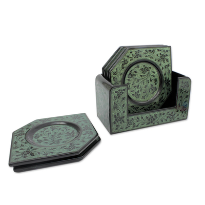 Lacquered wood coasters, 'Jade Fantasy' (set of 6) - Handcrafted Lacquered Wood Coasters and Holder (set of 6)