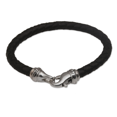 Men's leather and sterling silver bracelet, 'Serpent Style' - Men's Leather Braided Cord Bracelet from Bali