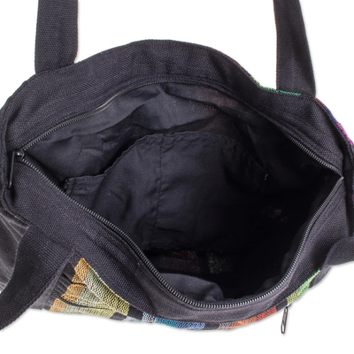 Cotton tote bag, 'Island Traveler' - Colorful Vertical Stripes on Black Handwoven Cotton Tote Bag