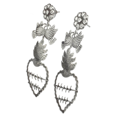 Pendientes de corazón de plata de primera ley - Pendientes de plata de primera ley elaborados artesanalmente con corazones mexicanos