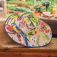 Sombrero de sol de algodón, 'Tropical World' (ala de 4,5 pulgadas) - Sombrero de sol de algodón tropical con ribetes azules y ala de 4,5 pulgadas