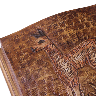 Leather and wood decorative box, 'Royal Vicuña' - Vicuña-Themed Leather and Wood Decorative Box from Peru