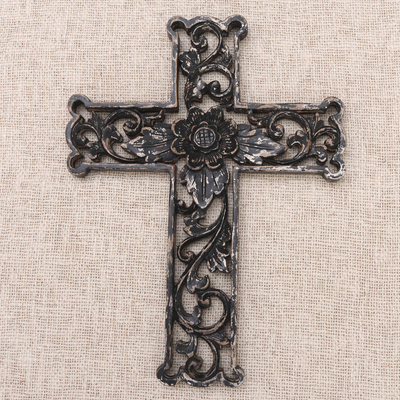 Wood wall cross, 'Antiqued Lotus Cross' - Distressed Black Floral Wood Wall Cross