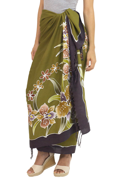 Rayon batik sarong, 'Autumn Cattleya' - Handmade Olive Green Rayon Sarong with Floral Motif