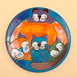 Ceramic decorative plate, 'Happy Cat Family' - Happy Playful Cat Family Colorful Ceramic Decorative Plate