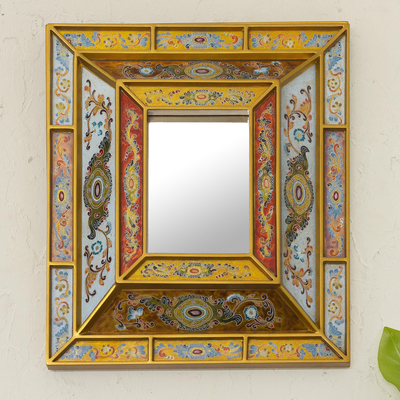 Espejo de pared de vidrio pintado al revés - Espejo de vidrio pintado al revés con motivos florales de Perú