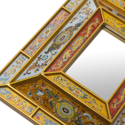 Reverse painted glass wall mirror, 'Florid Wonder' - Reverse Painted Glass Mirror with Floral Motifs from Peru