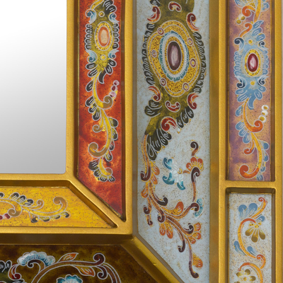 Reverse painted glass wall mirror, 'Florid Wonder' - Reverse Painted Glass Mirror with Floral Motifs from Peru