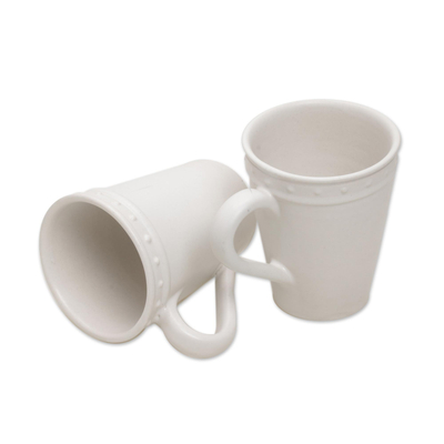 Ceramic mugs, 'Country Dot' (pair) - Dot Motif Small White Ceramic Mugs (Pair)