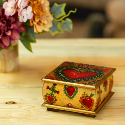 Decoupage wood decorative box, 'Tonala Sacred Heart' - Sacred Heart Motif Decorative Box