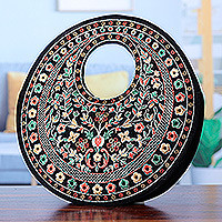 Embroidered faux velvet handbag, 'Jaipur Eden' - Floral Embroidered Black Faux Velvet Handbag in Vibrant Hues