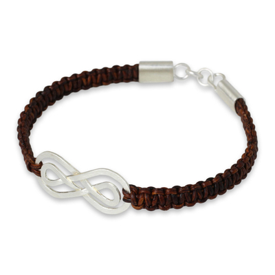 Leather and sterling silver braided bracelet, 'Double Brown Infinity' - Brown Leather Hand Braided Bracelet with Silver