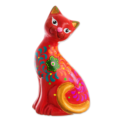 Ceramic figurine, 'Sweet Cat in Red' - Hand-Painted Ceramic Cat Figurine in Red from Peru