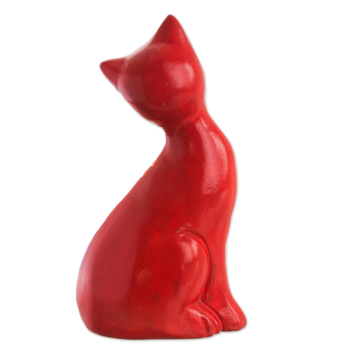 Ceramic figurine, 'Sweet Cat in Red' - Hand-Painted Ceramic Cat Figurine in Red from Peru