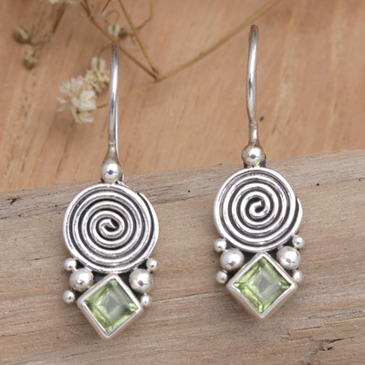 Peridot drop earrings, 'Fortune Spiral' - Sterling Silver Drop Earrings with Natural Peridot Stones