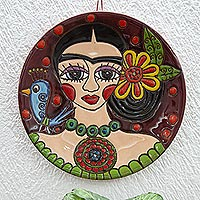 Ceramic wall art, 'Burgundy Frida' - Handmade Ceramic Frida Wall Art from Mexico