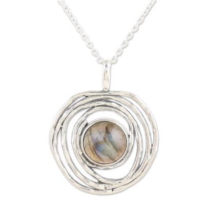 Labradorite pendant necklace, 'Modern Shield' - Sterling Silver Pendant Necklace with Natural Labradorite