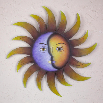 Steel wall art, 'Celestial Marriage' - Artisan Crafted Sun and Moon Wall Art in Hand Painted Steel