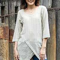 Cotton tunic, 'Noble Stripe in Green' - All Cotton Tunic from Thailand