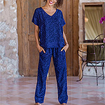 Navy and Amethyst Rayon Batik Pajama Set from Indonesia, 'Blue Orchid'