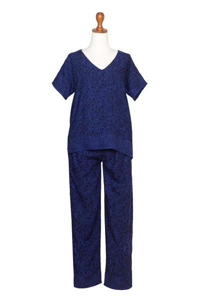 Batik pajama set, 'Blue Orchid' - Navy and Amethyst Rayon Batik Pajama Set from Indonesia