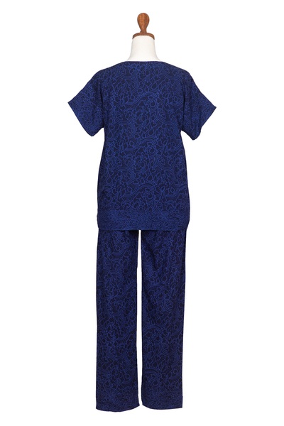 Batik pajama set, 'Blue Orchid' - Navy and Amethyst Rayon Batik Pajama Set from Indonesia