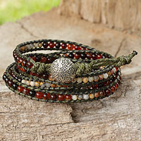Carnelian and jasper wrap bracelet, 'Radiant Autumn' - Hand Beaded Carnelian and Jasper Wrap Bracelet from Thailand