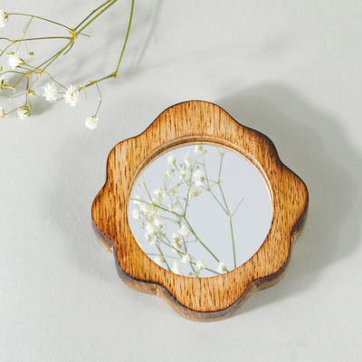 Wood hand mirror, 'Floral Reflections' - Hand Carved Floral Wooden Hand Mirror from India