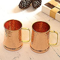 Copper mugs, 'Mornings Past' (pair) - Hand Crafted Textured Copper Mugs with Handles (Pair)