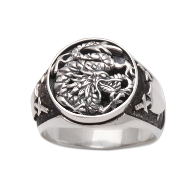 Anillo de sello de plata de primera ley - Anillo con sello de dragón de plata esterlina de Bali