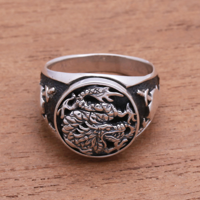 Anillo de sello de plata de primera ley - Anillo con sello de dragón de plata esterlina de Bali