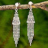 Sterling silver waterfall earrings, 'Raining Bells' - Ball Chain Sterling Silver Waterfall Earrings Thailand