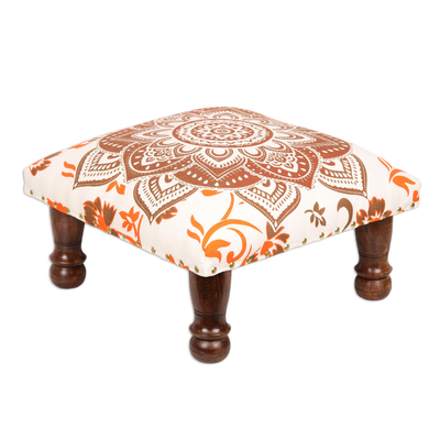 Upholstered ottoman foot stool, 'Floral Mandala in Orange' - Multicolored Mandala Motif Ottoman with Wood Legs