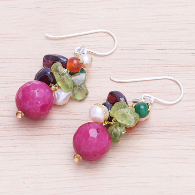 Multi-gemstone dangle earrings, 'Bright Holiday' - Hand Made Garnet and Peridot Dangle Earrings