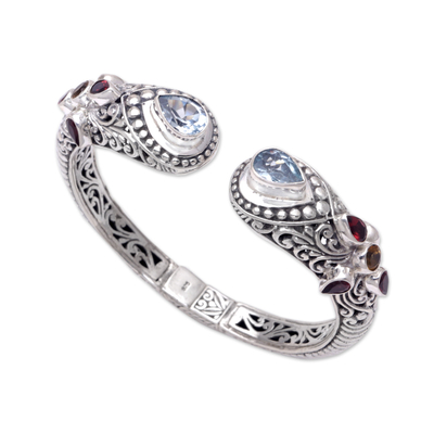 Multi-gemstone cuff bracelet, 'Glowing Woman' - Multi-Gemstone Sterling Silver Cuff Bracelet from Bali