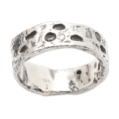 Men's crystal band ring, 'Coral in the Cliff' - Men's Sterling Silver and Black Crystal Band Ring from Bali