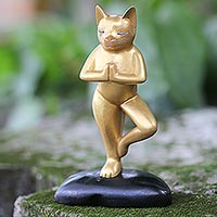 Wood sculpture, 'Cat's Pose' - Hand Carved Gold Tone Wood Sculpture Cat from Indonesia