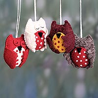 Wool felt ornaments, 'Sleepy Owls' (set of 4) - Wool Felt Owl Holiday Ornaments Handmade in India (set of 4)
