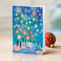 Holiday greeting cards, 'Winter Lanterns' (set of 12) - Set of 12 Unicef Holiday Cards with Colorful Lanterns