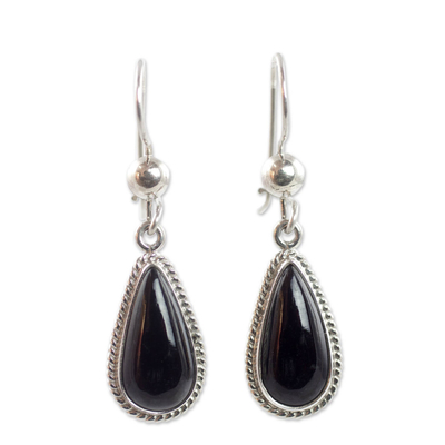 Jade dangle earrings, 'Black Tear' - Artisan Crafted Sterling Silver Black Jade Dangle Earrings