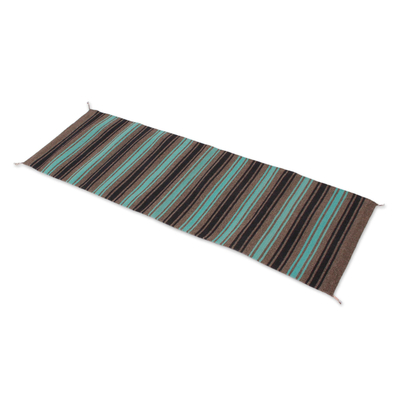 Wool runner rug, 'Sea Green Stripes' (1.5x4.5) - Striped Wool Area Rug from Mexico (1.5x4.5)