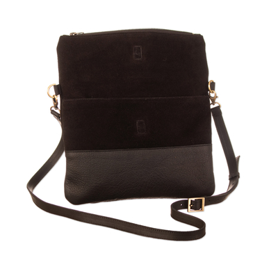 Suede and leather sling, 'Peru at Night' - Black Suede and Leather Sling Bag with Adjustable Straps